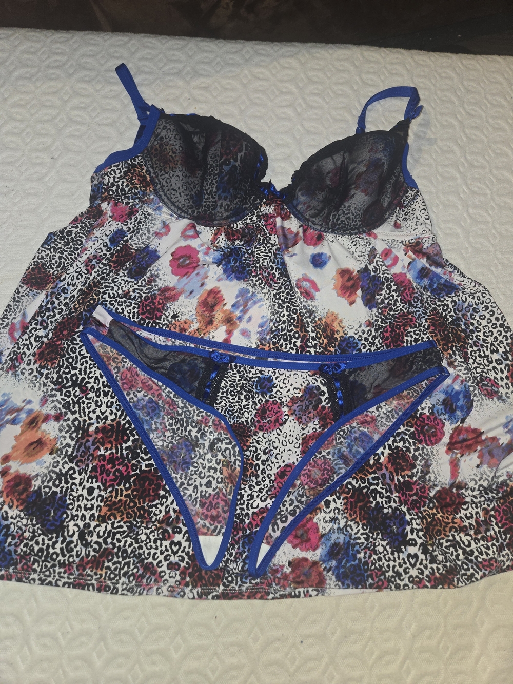 La SENZA Floral Leopard Lace Babydoll Set with Royal Blue Trim